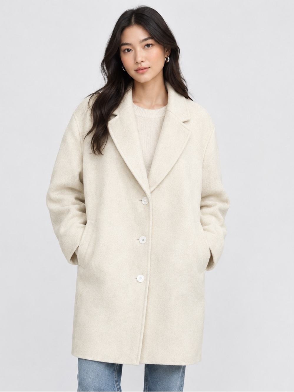 Womens Single Breasted Winter Oversize Trench Coat (Wool Like) Cream Ivory L/XL